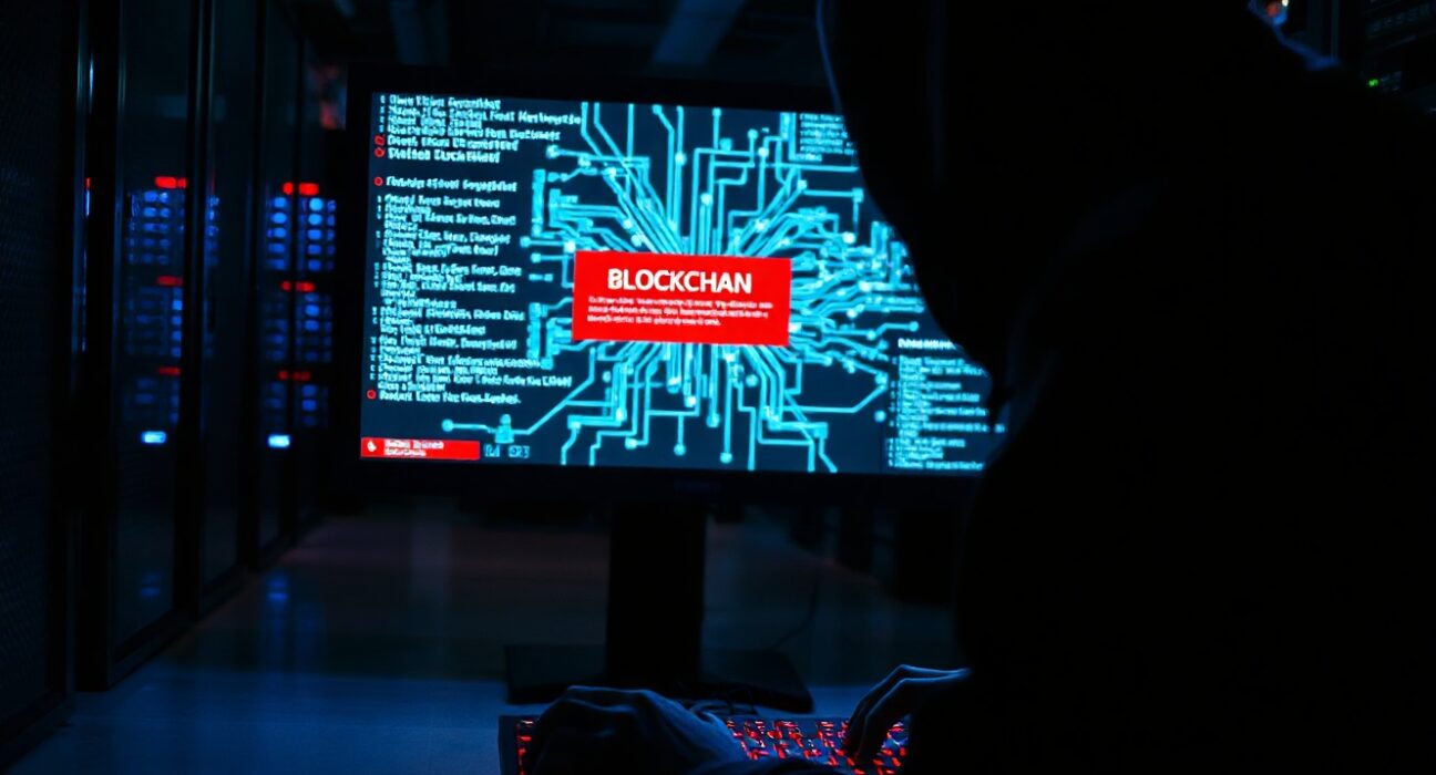 Hacker exploiting a blockchain governance flaw in a dimly lit server room with a glowing screen showing code and alerts.
