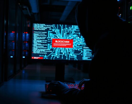 Hacker exploiting a blockchain governance flaw in a dimly lit server room with a glowing screen showing code and alerts.
