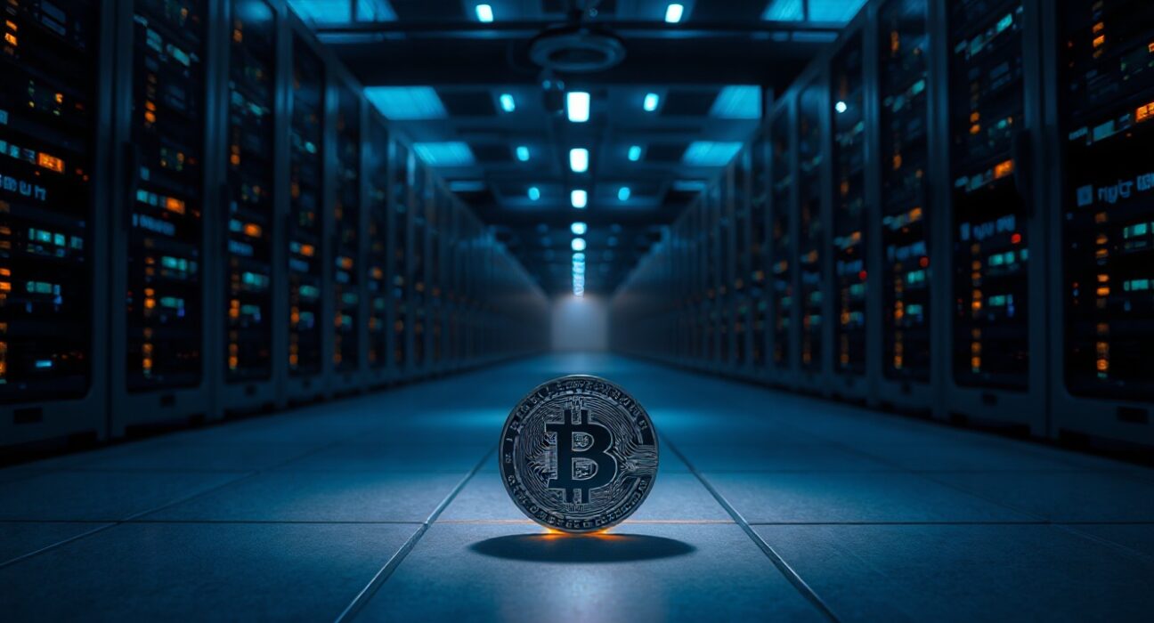 A glowing digital token on the floor of a dark data center corridor, representing rising AI costs.