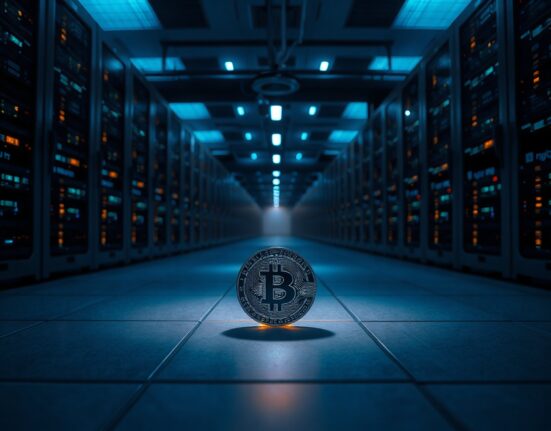 A glowing digital token on the floor of a dark data center corridor, representing rising AI costs.