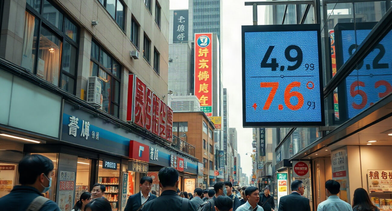 Shoppers walk past a digital price display in Tokyo as inflation data shows a slowdown