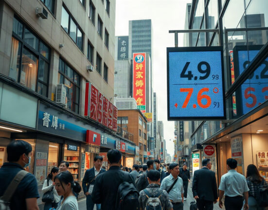 Shoppers walk past a digital price display in Tokyo as inflation data shows a slowdown