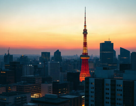 Tokyo skyline at dusk with Tokyo Tower in the background, symbolizing Japan's economic outlook as inflation data is released.