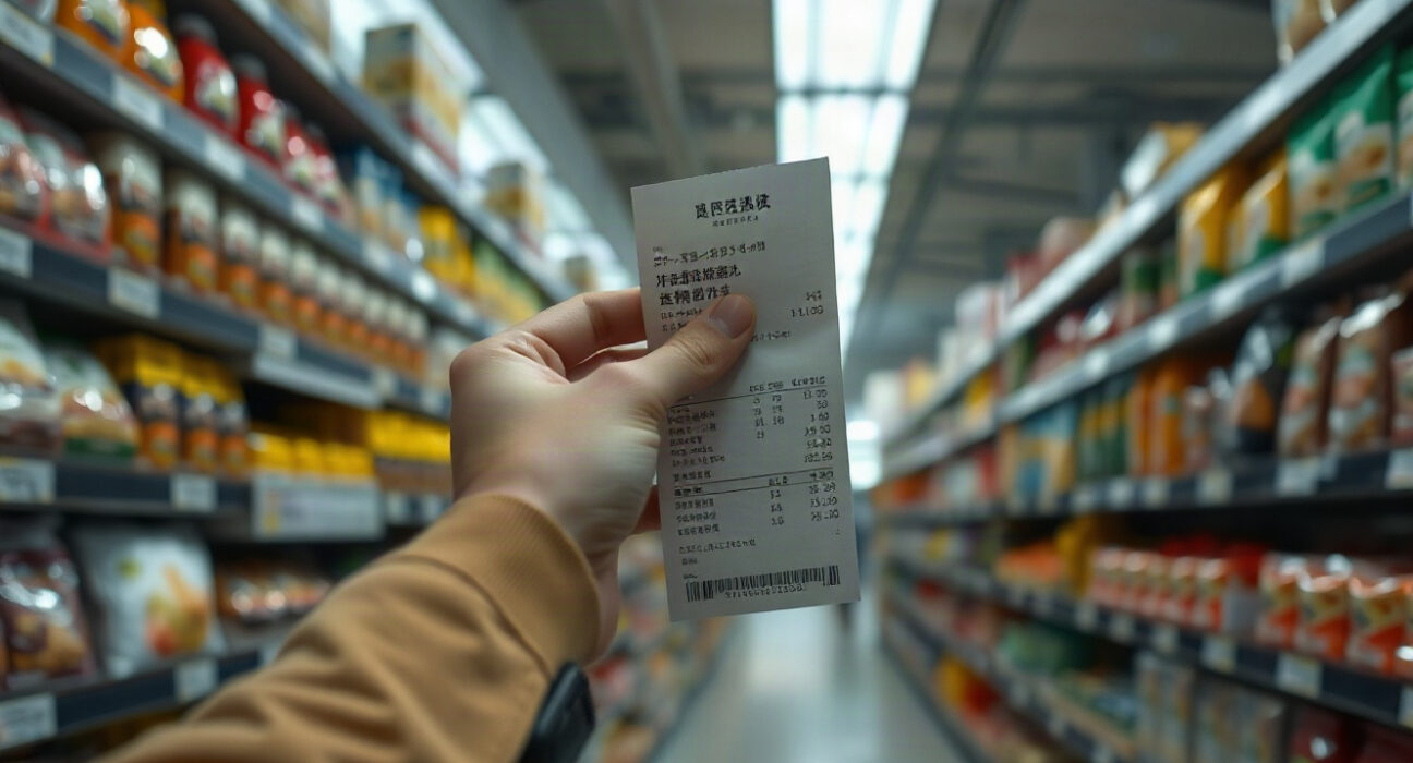 Shopper holding a receipt in a Tokyo supermarket, illustrating consumer prices and inflation.