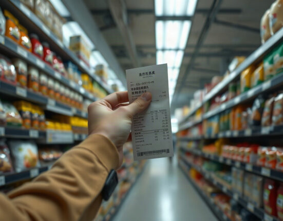 Shopper holding a receipt in a Tokyo supermarket, illustrating consumer prices and inflation.