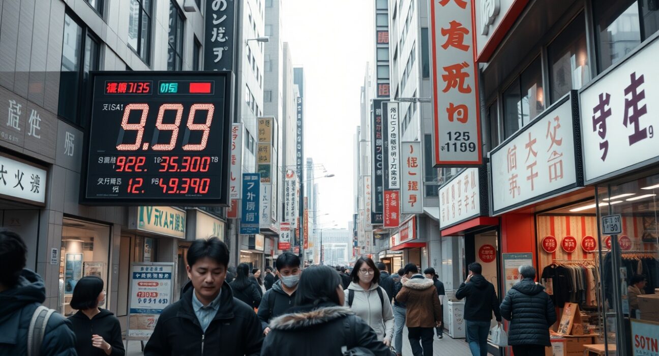 Tokyo shopping street with price signs reflecting inflation data