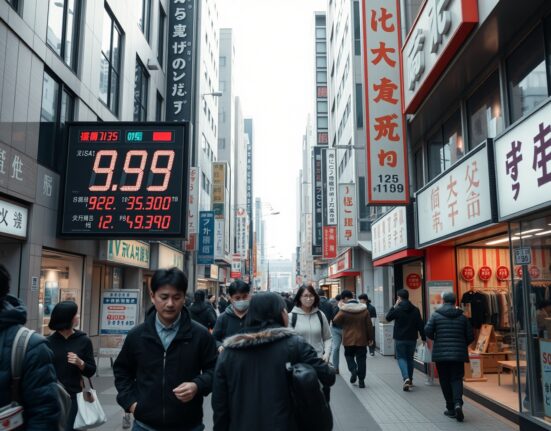 Tokyo shopping street with price signs reflecting inflation data