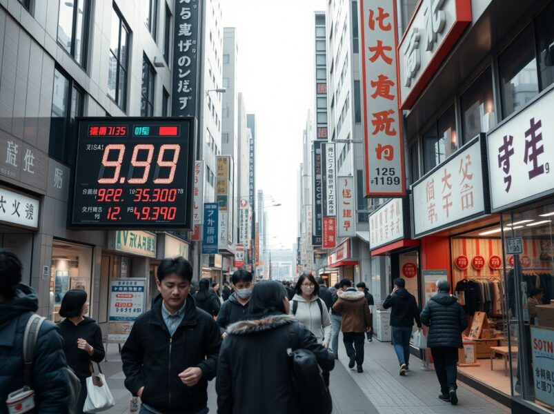 Tokyo shopping street with price signs reflecting inflation data