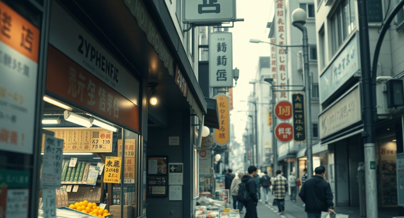 Tokyo shopping street with price signs and fresh produce, representing core inflation data