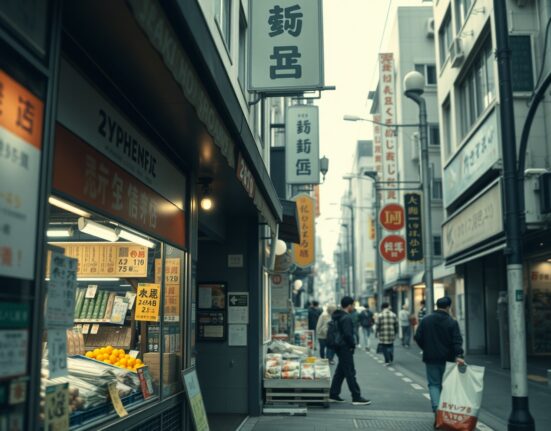 Tokyo shopping street with price signs and fresh produce, representing core inflation data