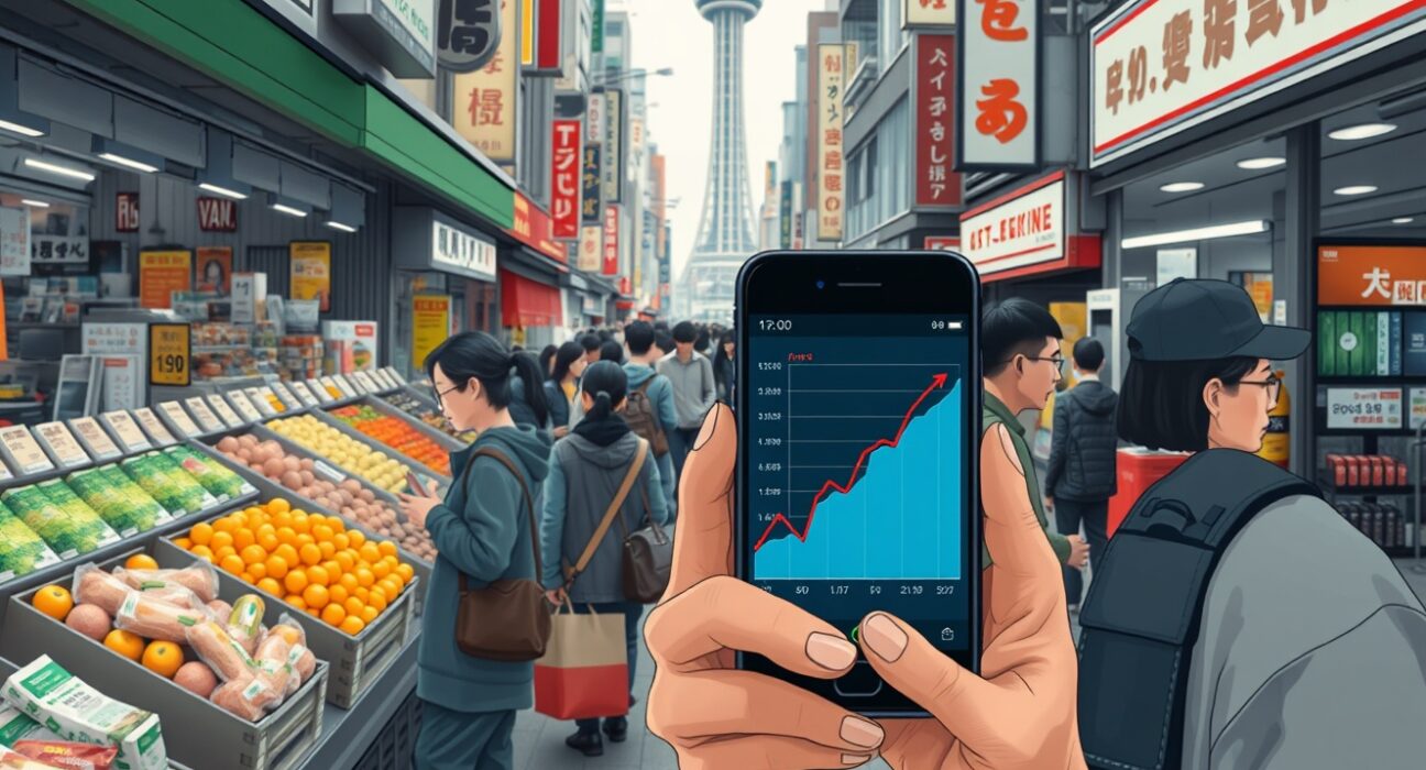 Tokyo CPI inflation rises to 1.5% in April 2025, with a consumer checking prices on a smartphone in a Tokyo market.