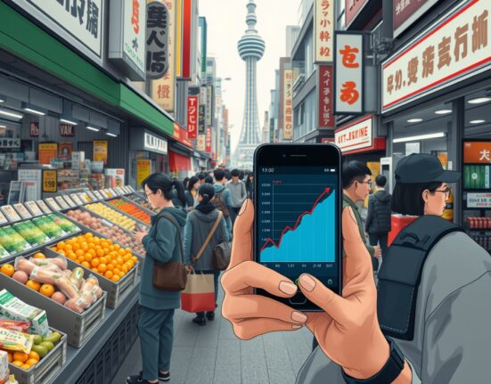 Tokyo CPI inflation rises to 1.5% in April 2025, with a consumer checking prices on a smartphone in a Tokyo market.