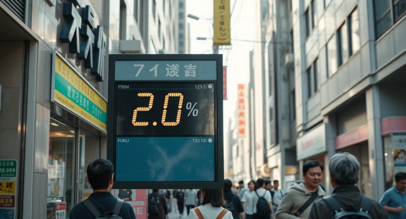Tokyo street scene with an electronic price display board reflecting 2.0% inflation data.