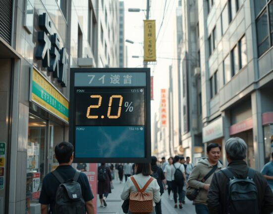 Tokyo street scene with an electronic price display board reflecting 2.0% inflation data.