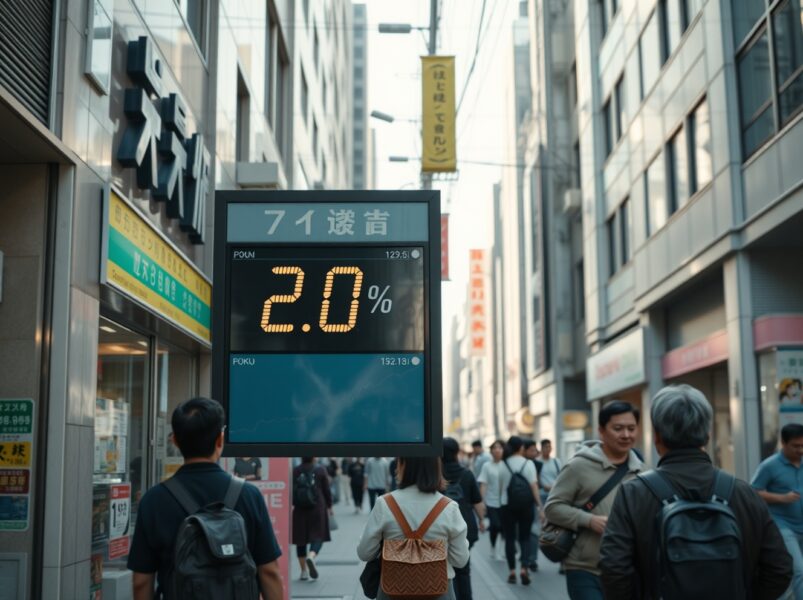 Tokyo street scene with an electronic price display board reflecting 2.0% inflation data.