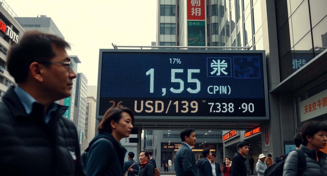 Tokyo street scene with digital stock board showing 1.7% CPI inflation and Yen exchange rates