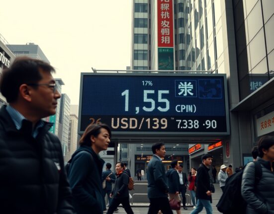 Tokyo street scene with digital stock board showing 1.7% CPI inflation and Yen exchange rates
