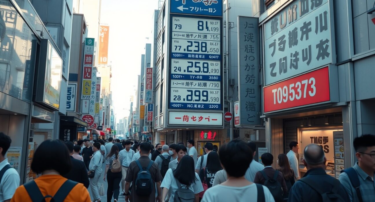 Tokyo street scene with electronic price board showing consumer prices in Japanese yen