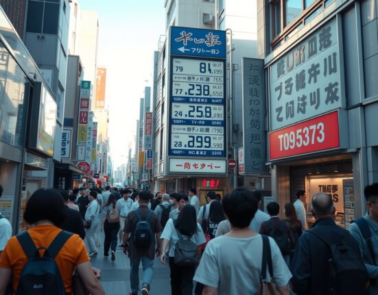 Tokyo street scene with electronic price board showing consumer prices in Japanese yen