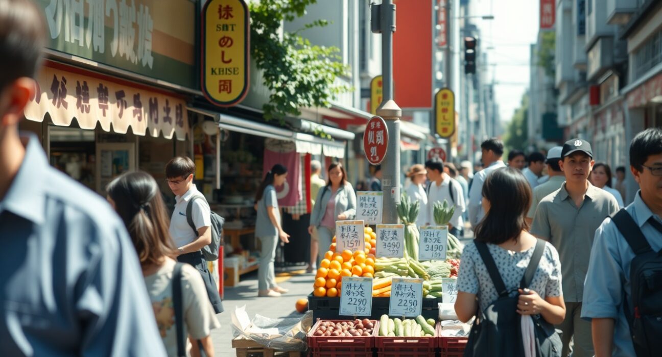 Shoppers at a Tokyo market with price tags visible, representing inflation data.