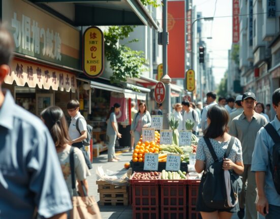 Shoppers at a Tokyo market with price tags visible, representing inflation data.