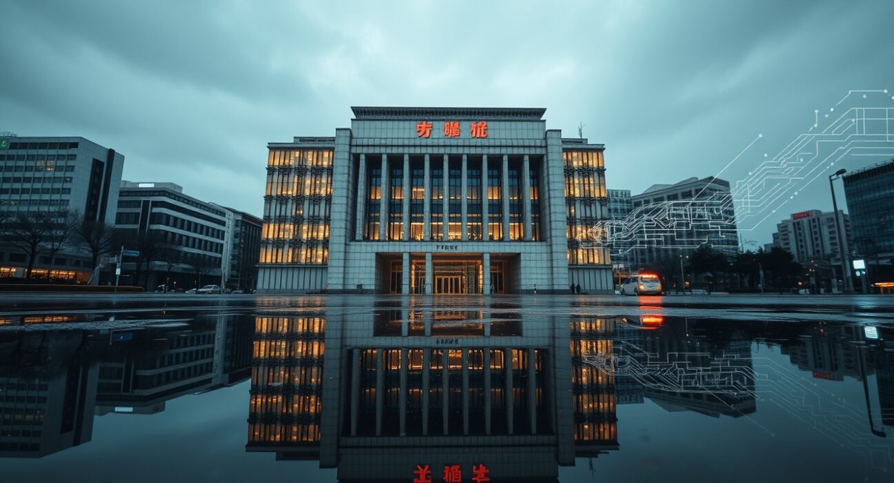 Tokyo Stock Exchange building with abstract AI circuit board overlay, reflecting in a rain puddle.