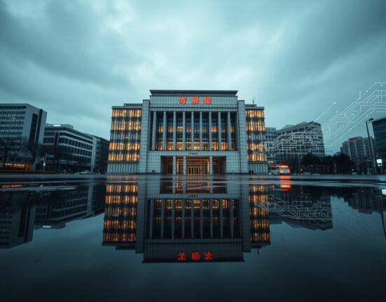 Tokyo Stock Exchange building with abstract AI circuit board overlay, reflecting in a rain puddle.