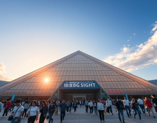 Tokyo Big Sight convention center at sunrise, hosting SusHi Tech Tokyo 2026, the most important tech destination of 2026.
