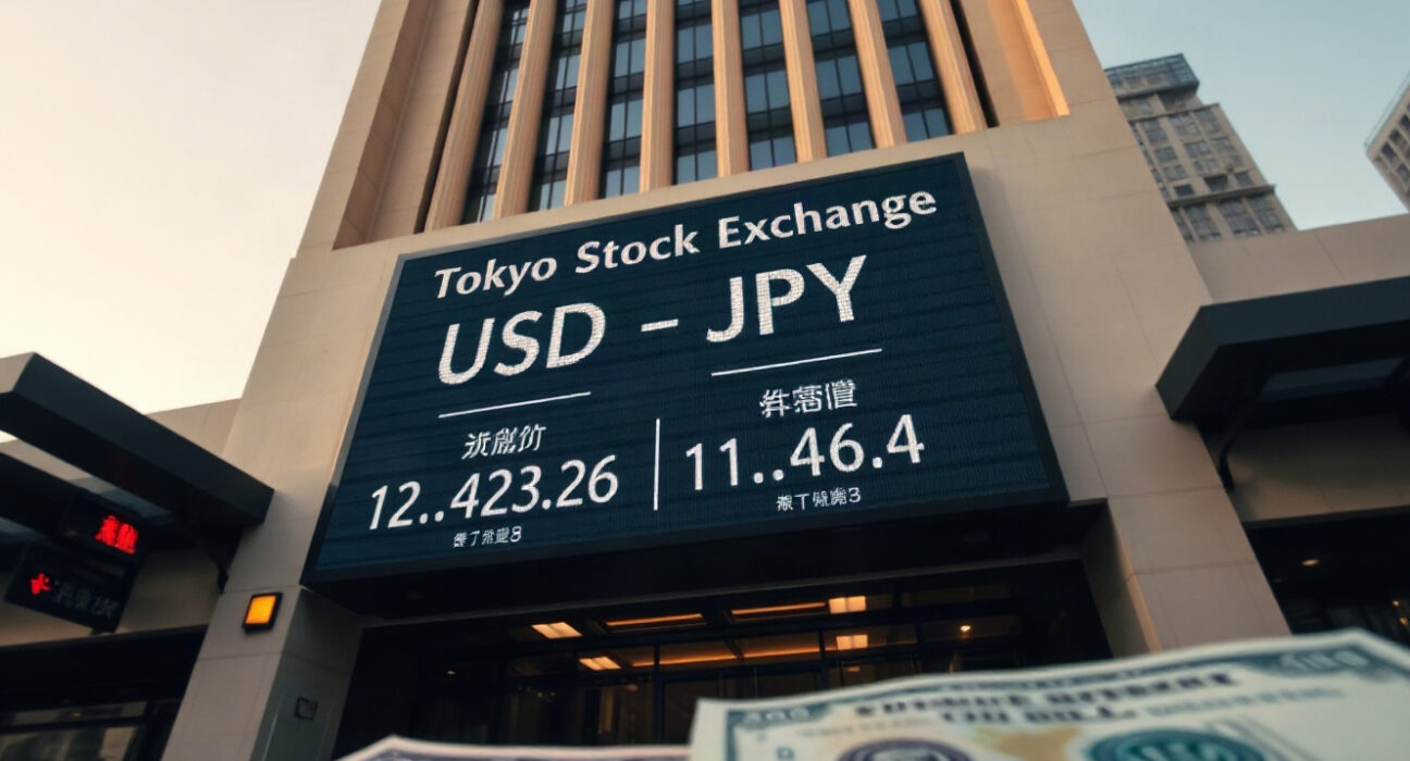 Tokyo Stock Exchange building with digital currency board showing USD/JPY rates