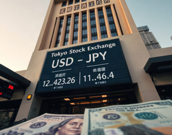 Tokyo Stock Exchange building with digital currency board showing USD/JPY rates