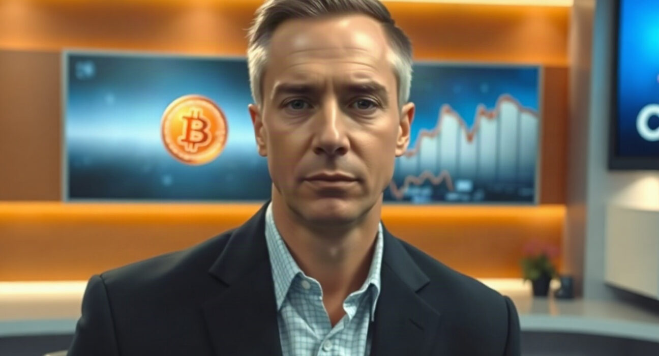 Tom Lee speaking on a financial news set with a Bitcoin chart in the background