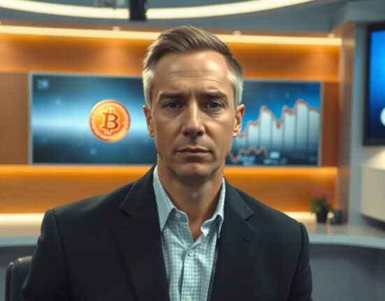 Tom Lee speaking on a financial news set with a Bitcoin chart in the background