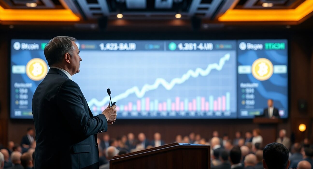 Tom Lee speaking at Consensus 2026 with Bitcoin price chart showing gains