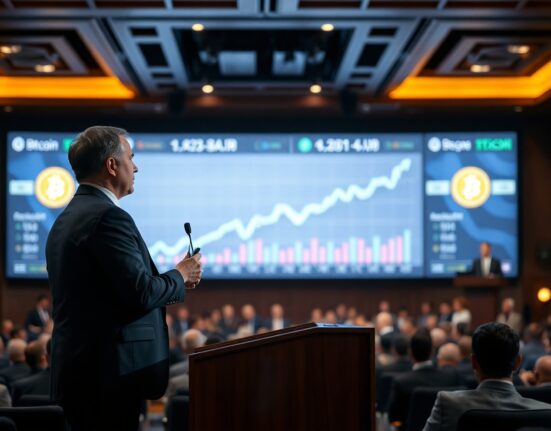 Tom Lee speaking at Consensus 2026 with Bitcoin price chart showing gains