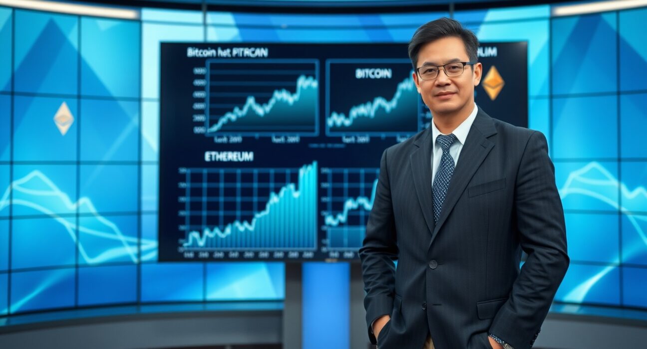 Tom Lee standing in front of digital charts showing Bitcoin and Ethereum price predictions