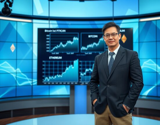 Tom Lee standing in front of digital charts showing Bitcoin and Ethereum price predictions