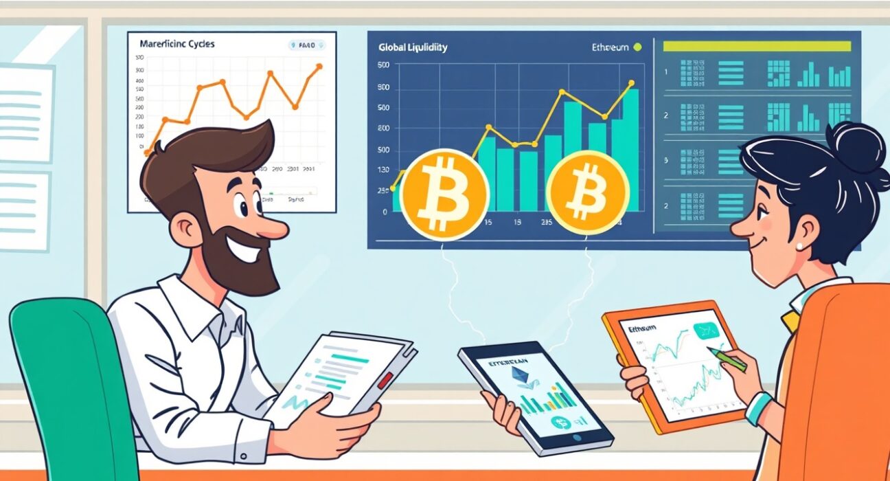 Cartoon analysts debating Bitcoin price predictions using different data charts in a vibrant office.