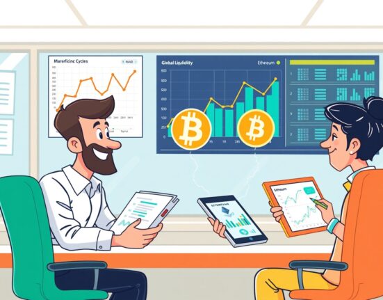 Cartoon analysts debating Bitcoin price predictions using different data charts in a vibrant office.