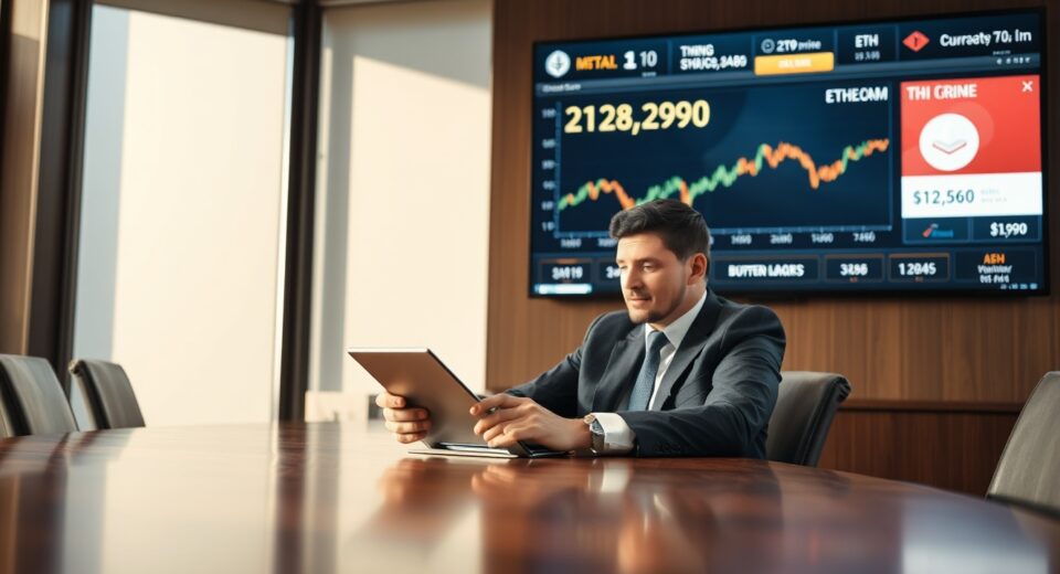 Bitmine Chairman Tom Lee in a boardroom with Ethereum price chart on screen