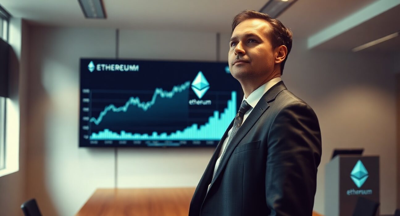 Tom Lee standing in a boardroom with an Ethereum blockchain display and chart