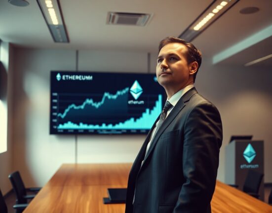 Tom Lee standing in a boardroom with an Ethereum blockchain display and chart