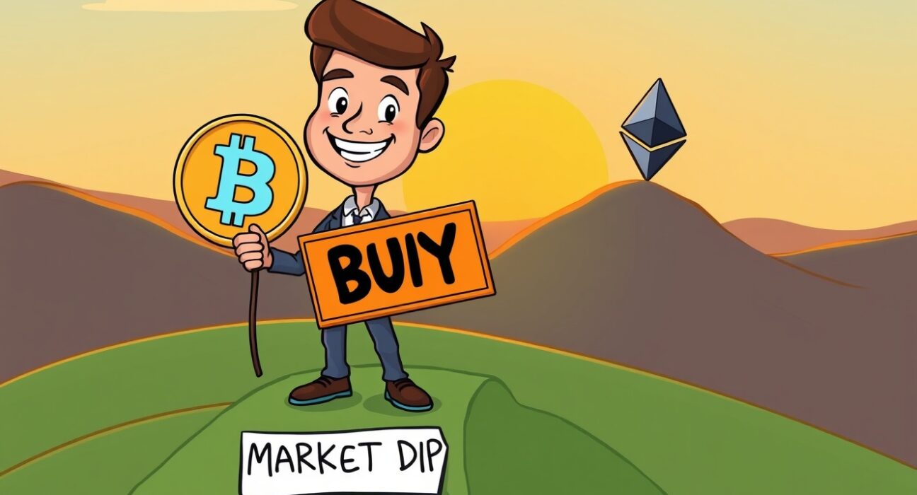 A cartoon investor sees a strategic buying opportunity during a crypto market dip.