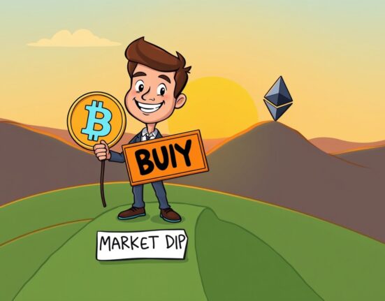 A cartoon investor sees a strategic buying opportunity during a crypto market dip.
