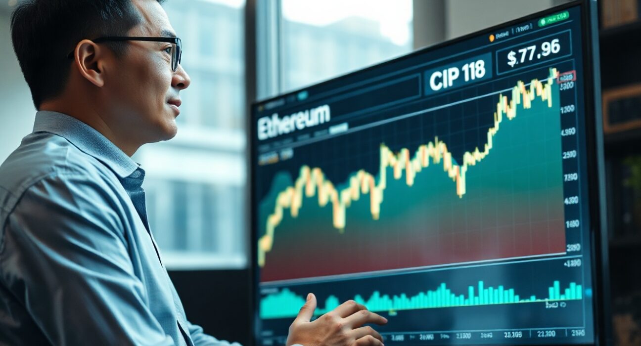 Tom Lee analyzing Ethereum price chart with CPI data in background