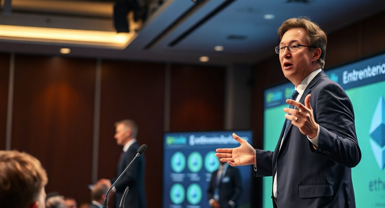 Tom Lee speaking at a conference about Ethereum's long-term price potential.