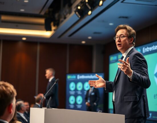 Tom Lee speaking at a conference about Ethereum's long-term price potential.