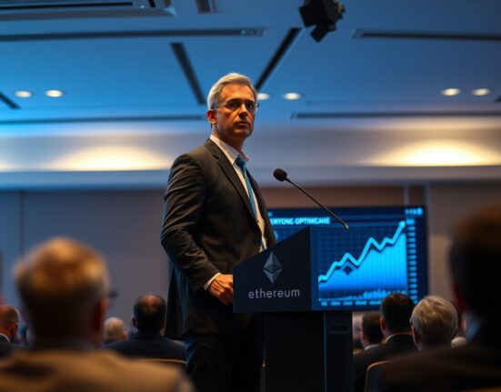 Tom Lee speaking at a conference with an Ethereum chart in the background