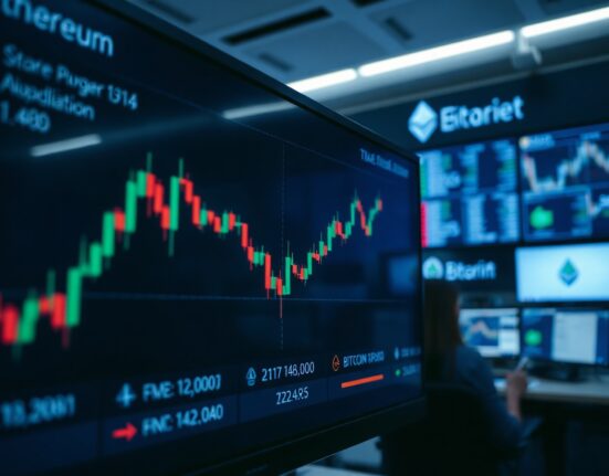 Ethereum and Bitcoin price charts on a trading screen, symbolizing market analysis and potential outperformance.