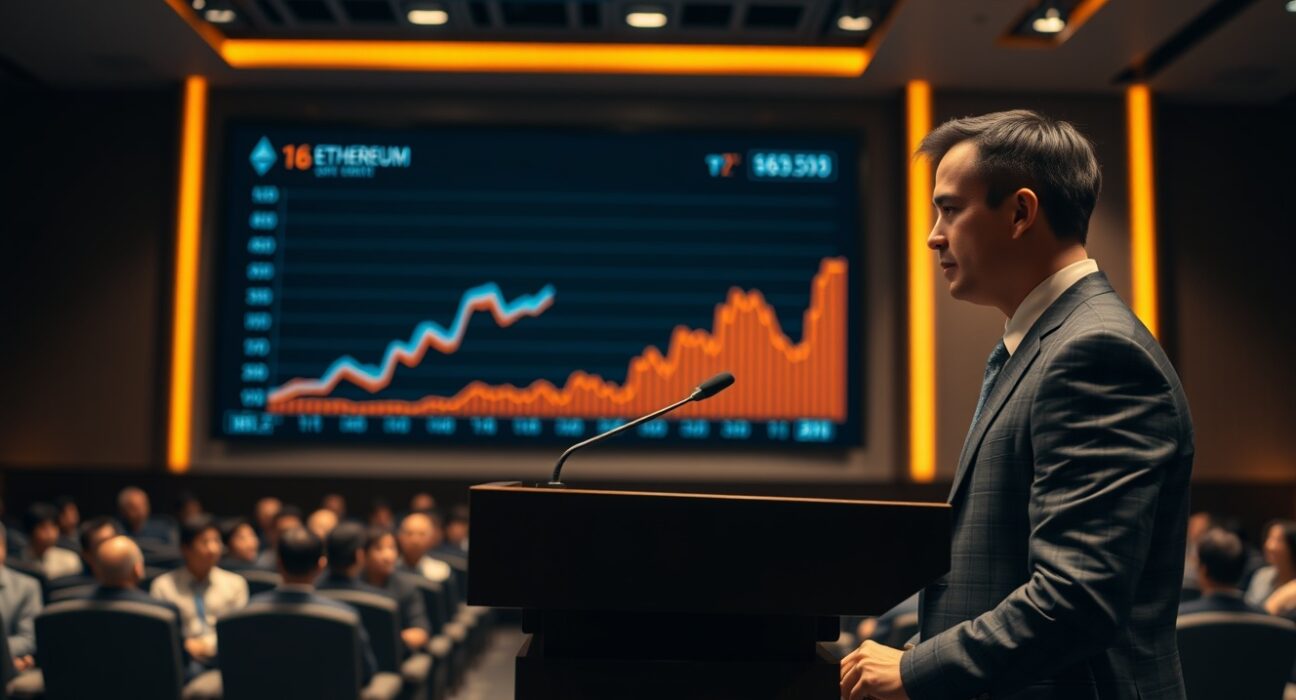 Tom Lee speaking at a conference in Tokyo with a chart comparing Ethereum and S&P 500 trends on screen.