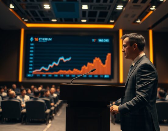 Tom Lee speaking at a conference in Tokyo with a chart comparing Ethereum and S&P 500 trends on screen.